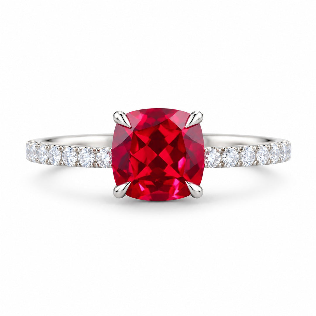 The Lucienne — Square Ruby Diamond Band Ring in 14K white gold, front view