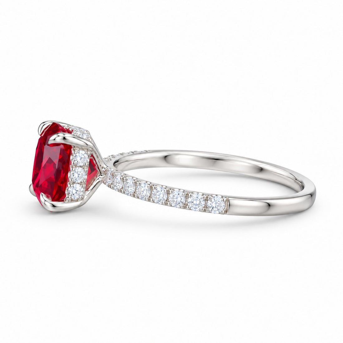 The Lucienne — Square Ruby Diamond Band Ring in 14K white gold, three-quarter view