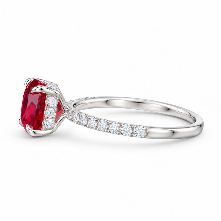 The Lucienne — Square Ruby Diamond Band Ring in 14K white gold, three-quarter view
