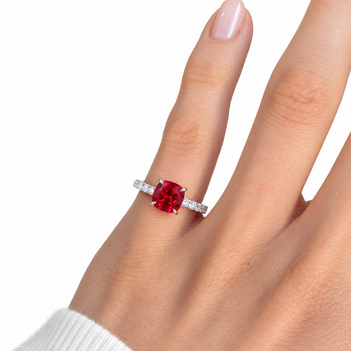 The Lucienne — Square Ruby Diamond Band Ring in 14K white gold, on the hand
