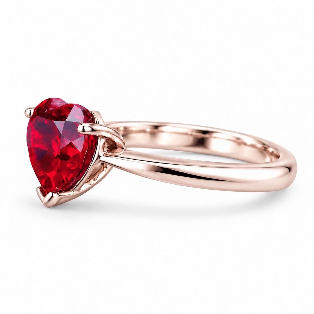 The Heart — Red Heart Ruby Ring in 14K rose gold, side view