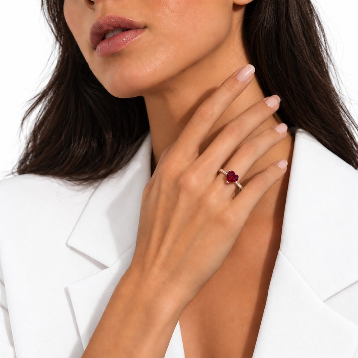 The Heart — Red Heart Ruby Ring in 14K rose gold, on the hand