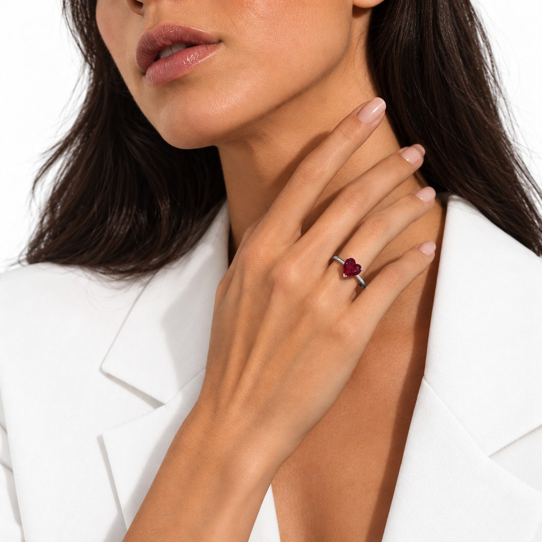 The Heart — Red Heart Ruby Ring in 14K white gold, on the hand
