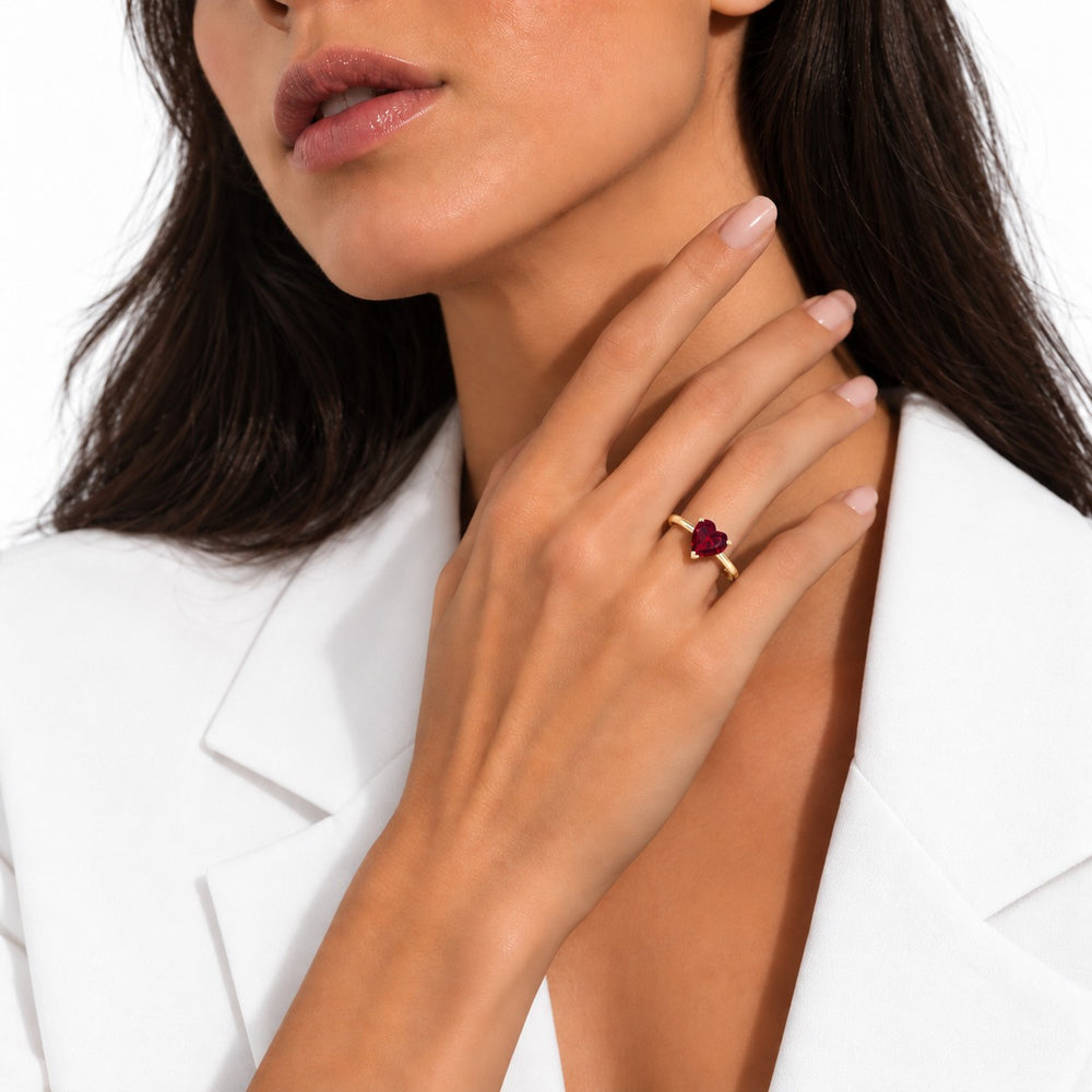 The Heart — Red Heart Ruby Ring in 14K yellow gold, on the hand