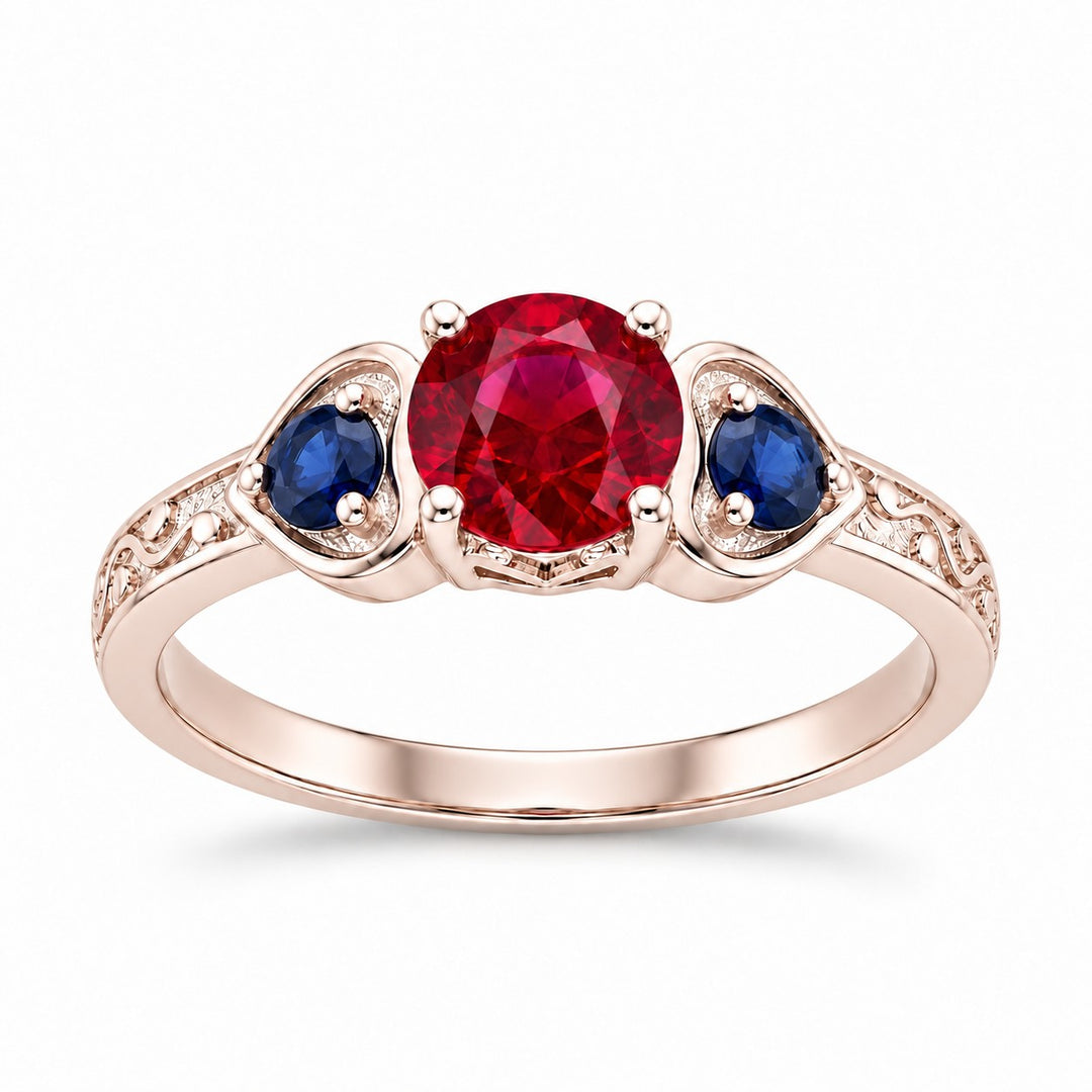 "Ruby & Sapphire" Three-Stone Ring in rose gold, front view