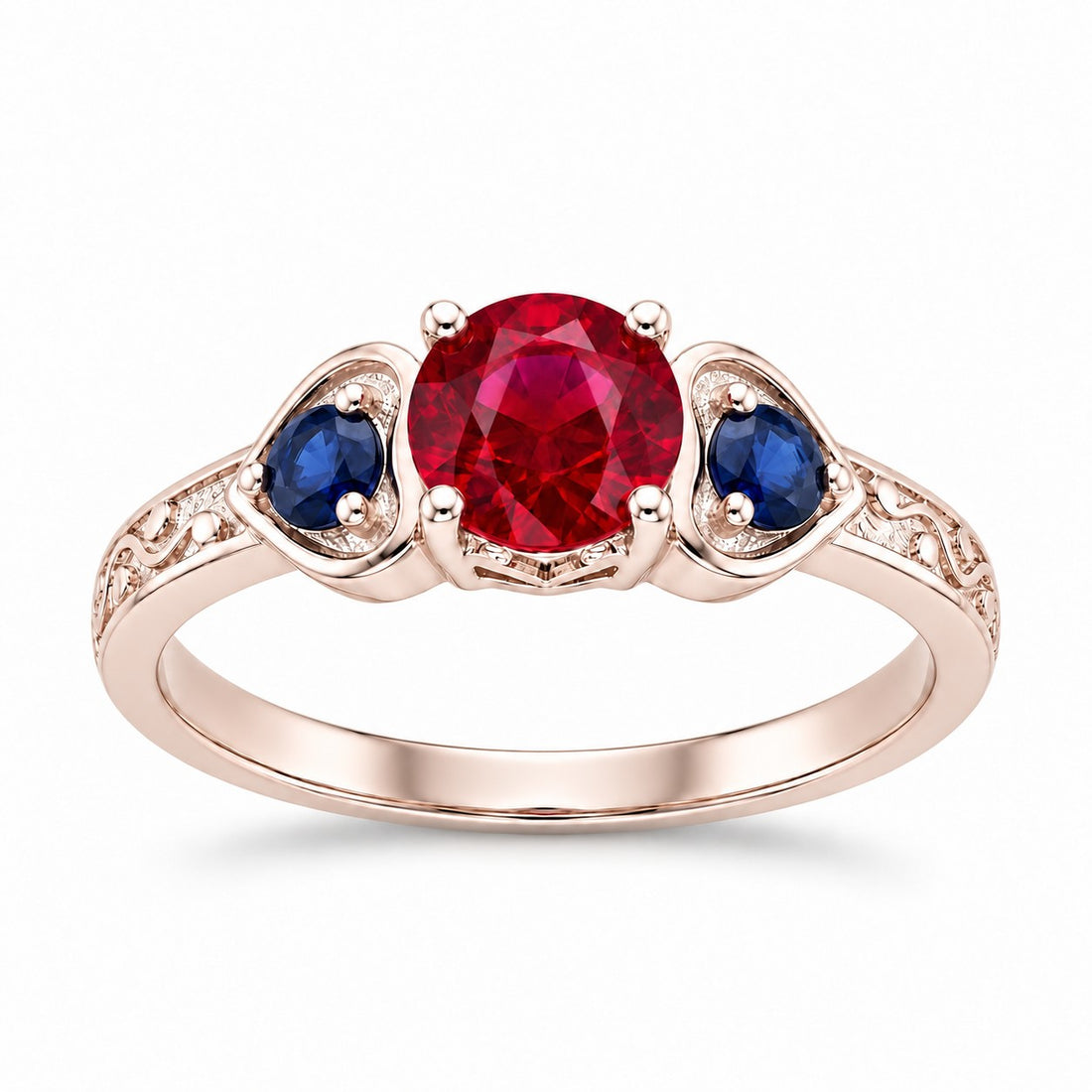 "Ruby & Sapphire" Three-Stone Ring in rose gold, front view