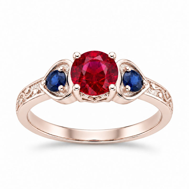 "Ruby & Sapphire" Three-Stone Ring in rose gold, front view