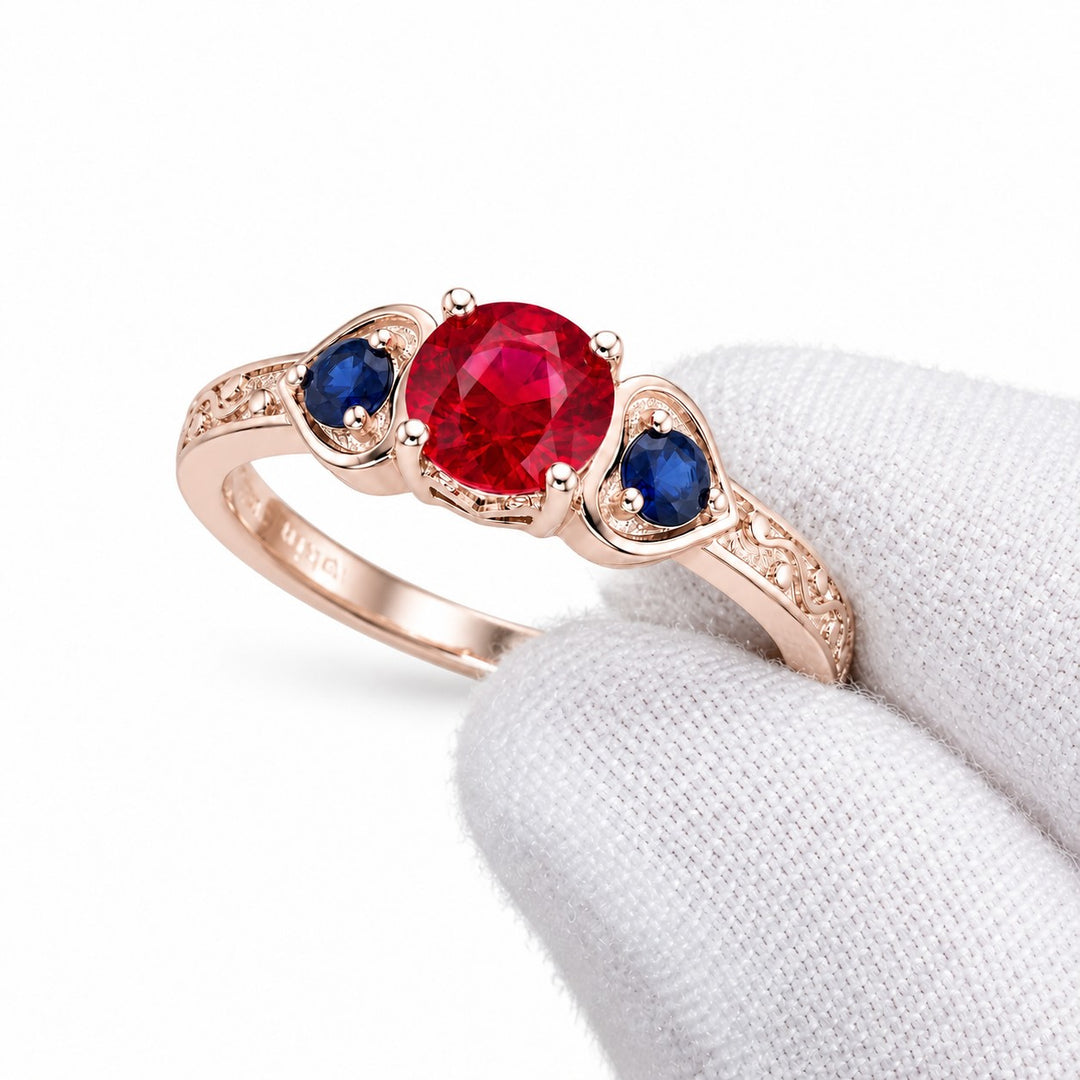 "Ruby & Sapphire" Three-Stone Ring in rose gold, three-quarter view