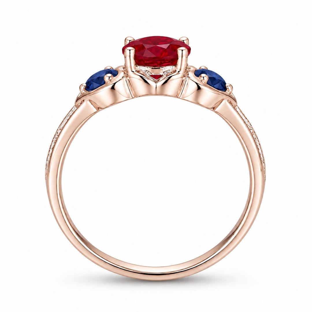 "Ruby & Sapphire" Three-Stone Ring in rose gold, profile