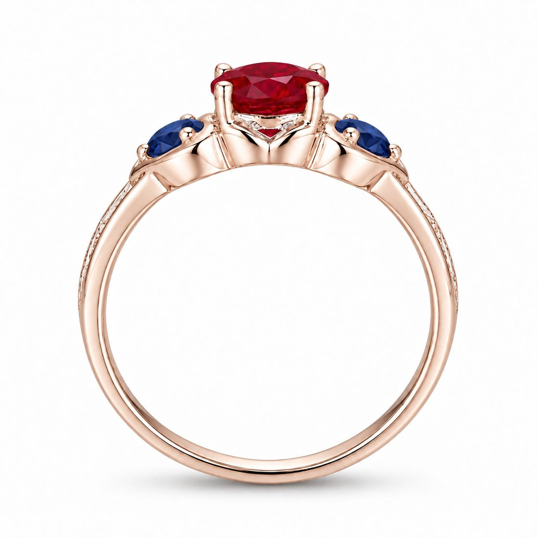 "Ruby & Sapphire" Three-Stone Ring in rose gold, profile