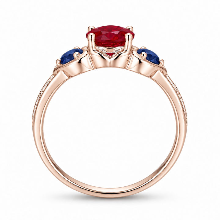 "Ruby & Sapphire" Three-Stone Ring in rose gold, profile
