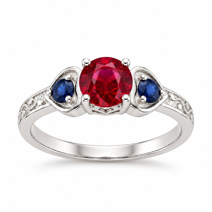"Ruby & Sapphire" Three-Stone Ring in white gold, front view