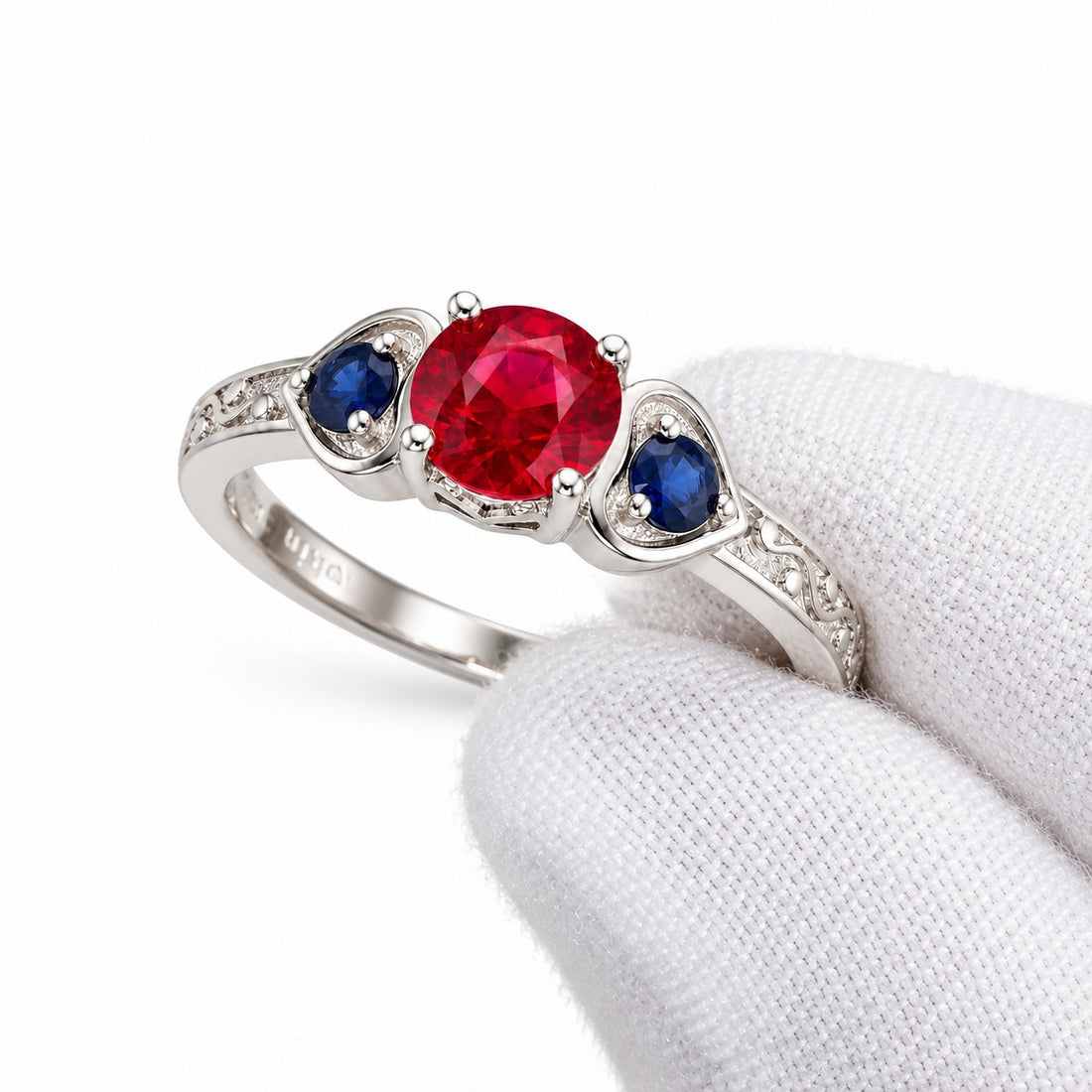 "Ruby & Sapphire" Three-Stone Ring in white gold, three-quarter view