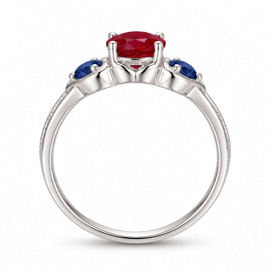 "Ruby & Sapphire" Three-Stone Ring in white gold, profile