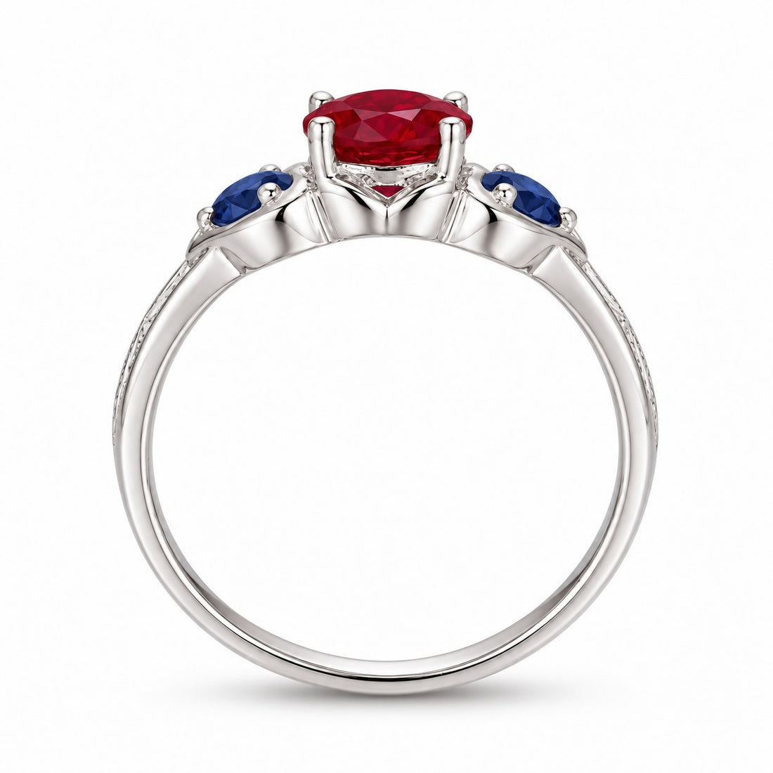 "Ruby & Sapphire" Three-Stone Ring in white gold, profile
