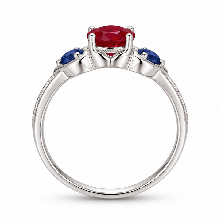 "Ruby & Sapphire" Three-Stone Ring in white gold, profile