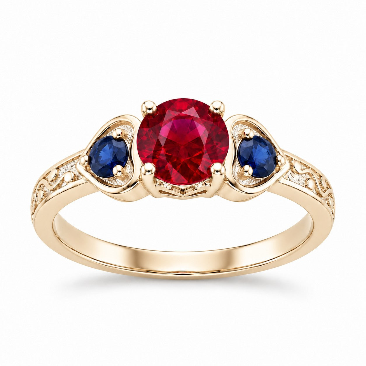 "Ruby & Sapphire" Three-Stone Ring: the heart frames and engraved vine