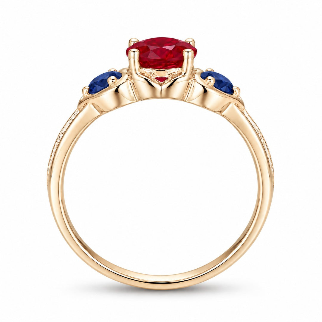 "Ruby & Sapphire" Three-Stone Ring in yellow gold, profile