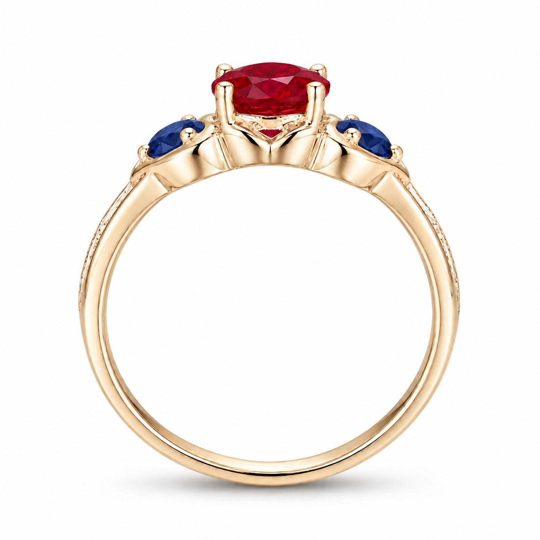 "Ruby & Sapphire" Three-Stone Ring in yellow gold, profile