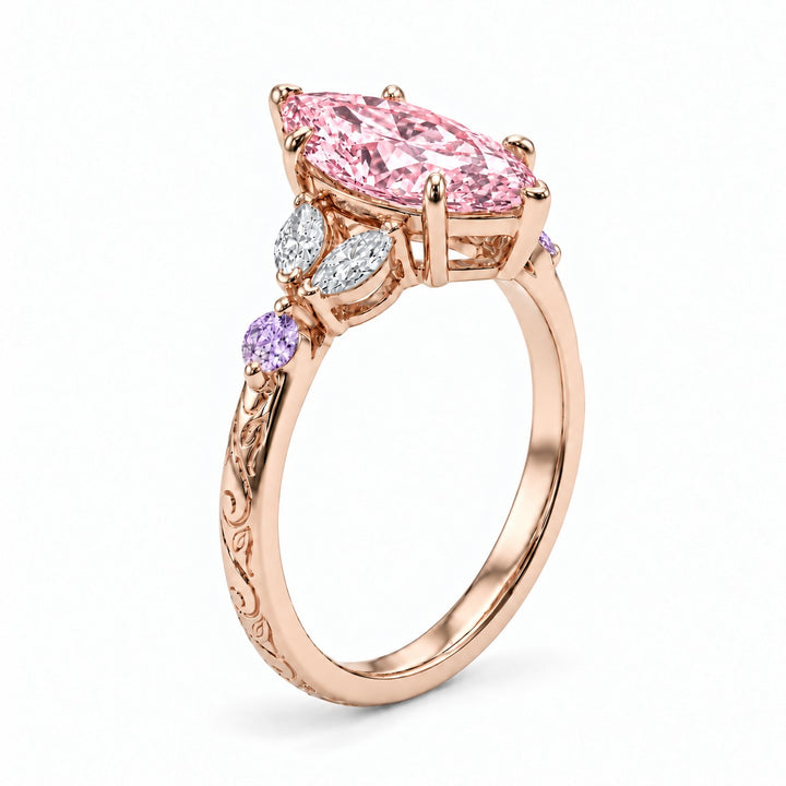 The Rapunzel with a pink lab-grown marquise diamond and amethyst accents in 14K rose gold, three-quarter view