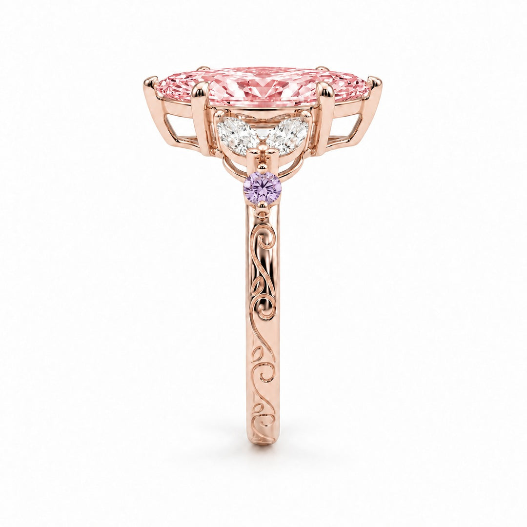 The Rapunzel with a pink lab-grown marquise diamond and amethyst accents in 14K rose gold, side profile