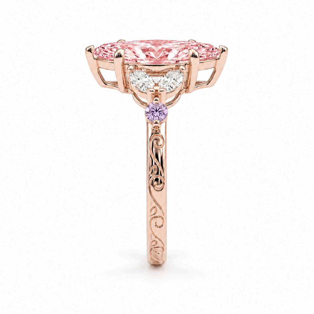 The Rapunzel with a pink lab-grown marquise diamond and amethyst accents in 14K rose gold, side profile