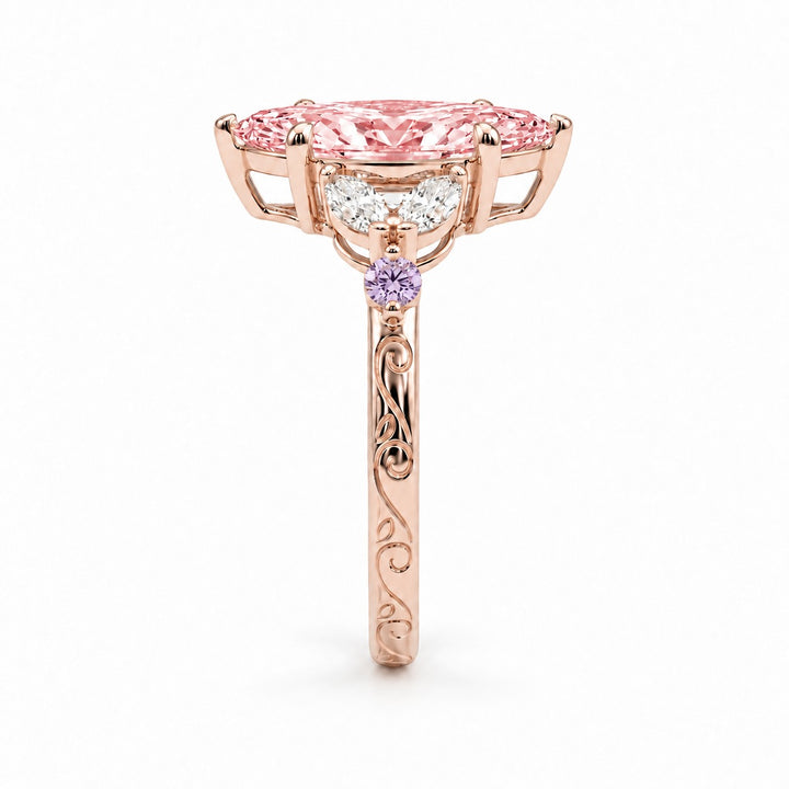 The Rapunzel with a pink lab-grown marquise diamond and amethyst accents in 14K rose gold, side profile