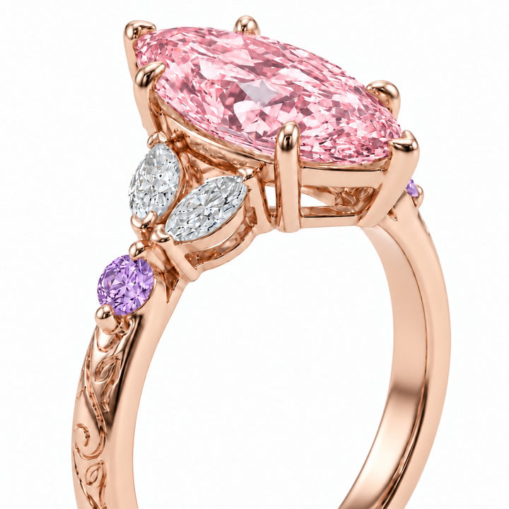 The Rapunzel with a pink lab-grown marquise diamond and amethyst accents in 14K rose gold, setting detail