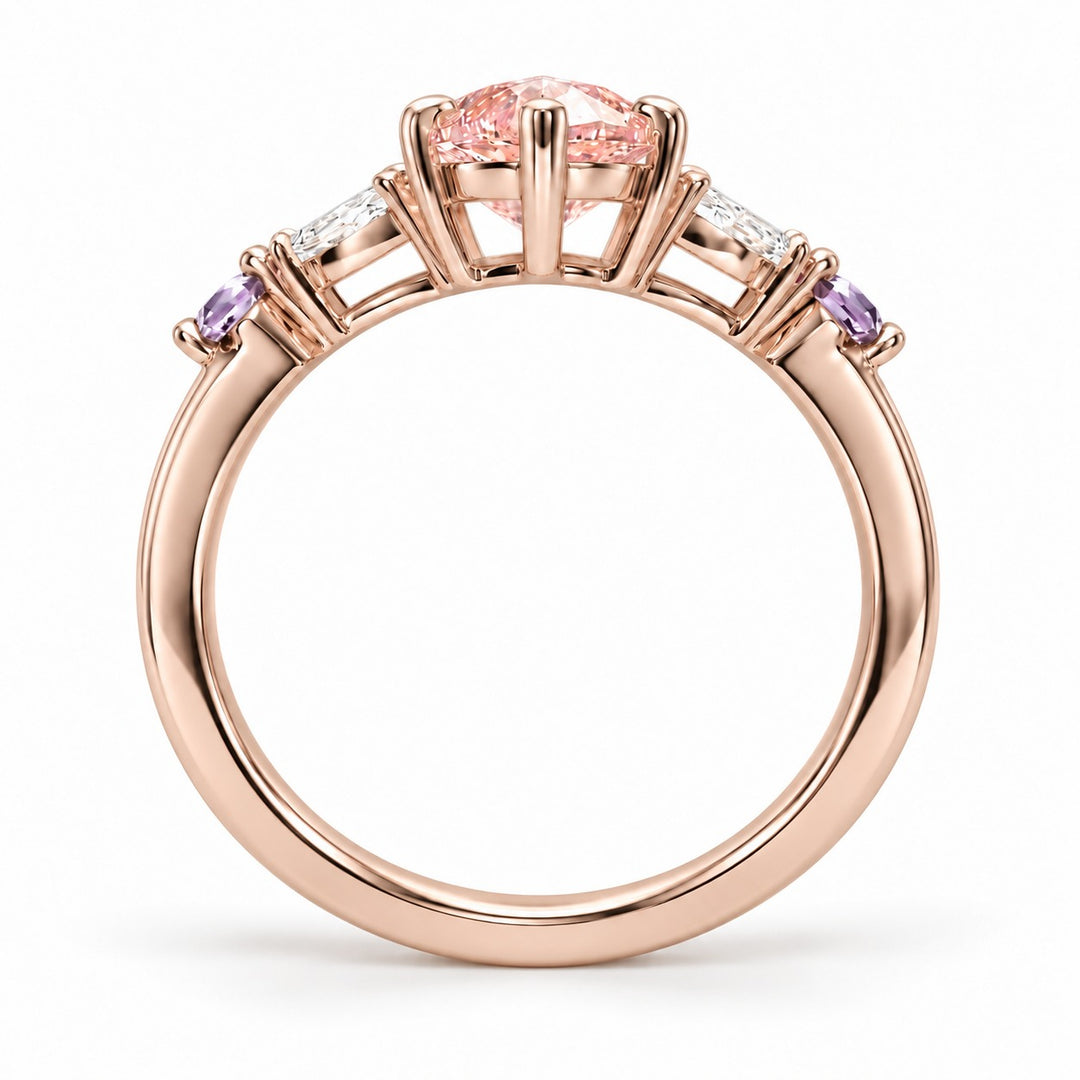 The Rapunzel with a pink lab-grown marquise diamond and amethyst accents in 14K rose gold, back view