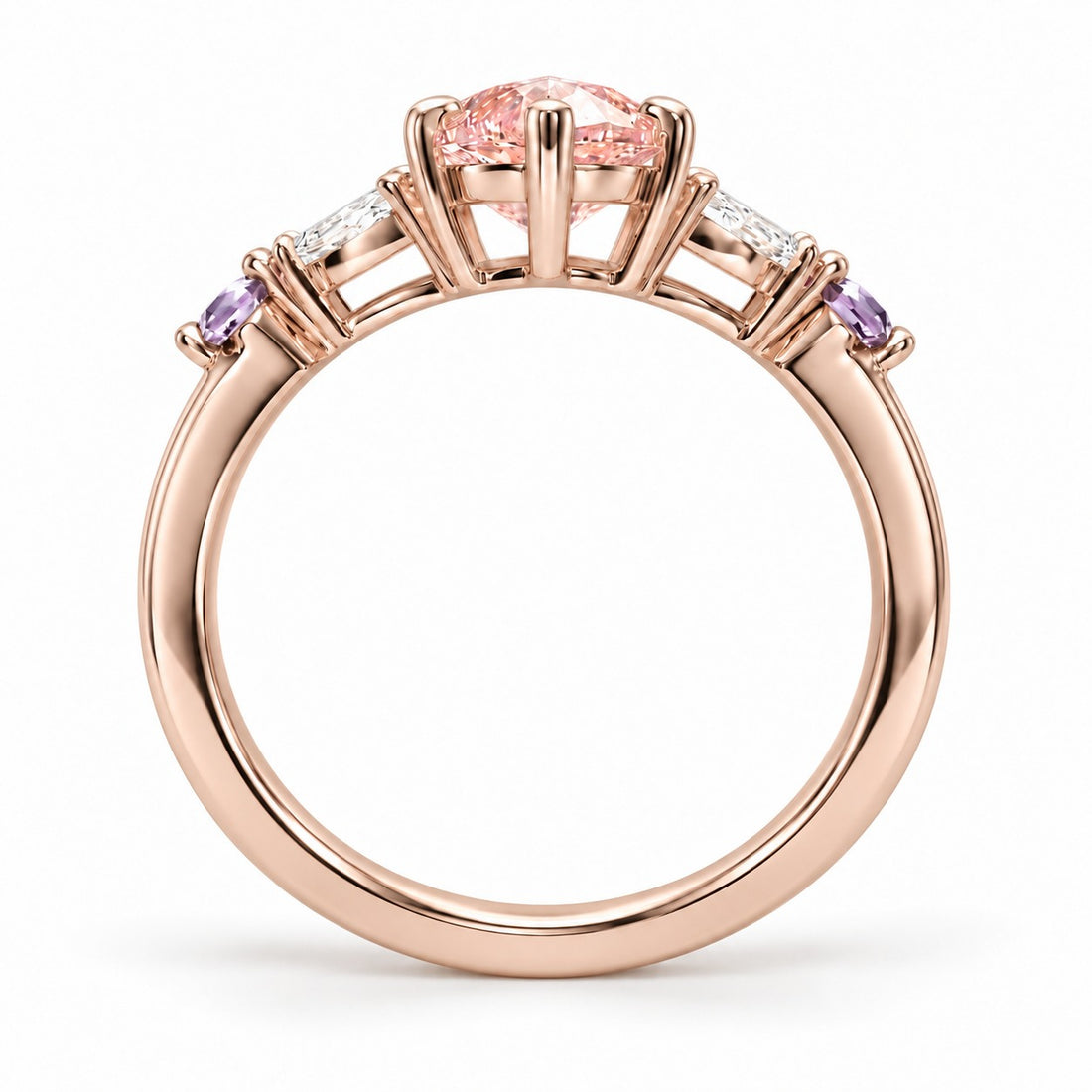 The Rapunzel with a pink lab-grown marquise diamond and amethyst accents in 14K rose gold, back view