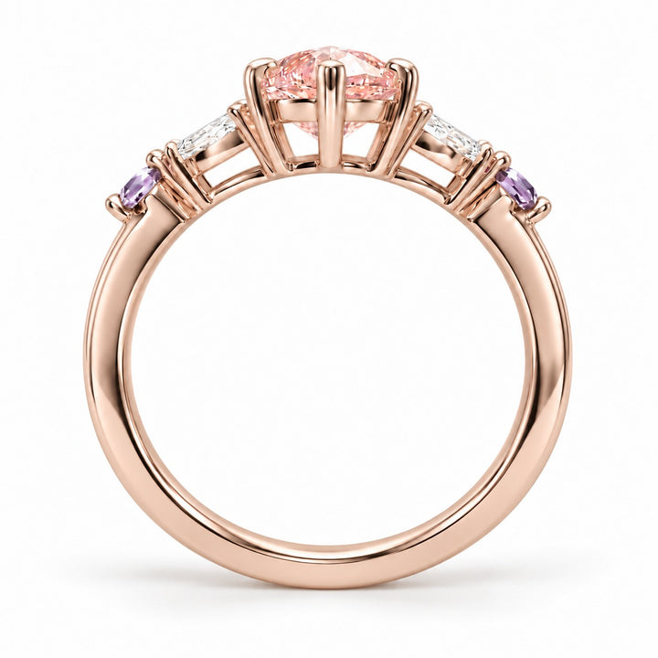 The Rapunzel with a pink lab-grown marquise diamond and amethyst accents in 14K rose gold, back view