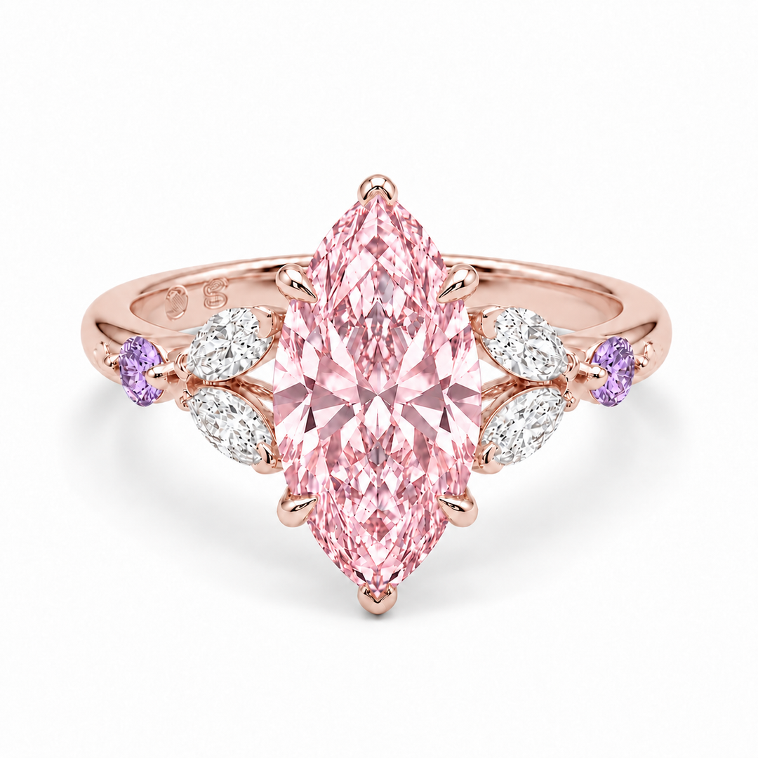 The Rapunzel with a pink lab-grown marquise diamond and amethyst accents in 14K rose gold