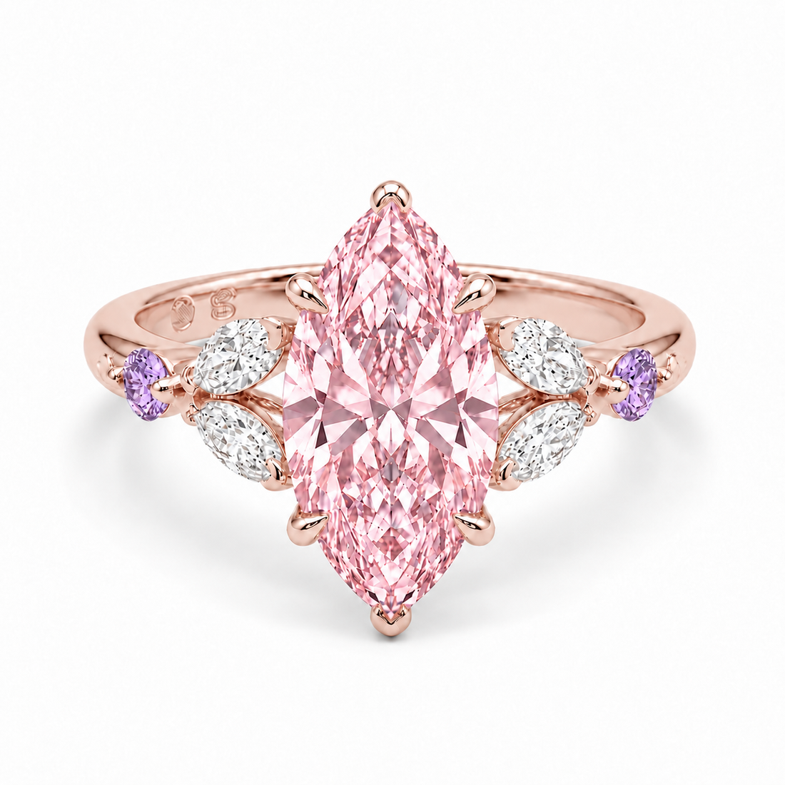 The Rapunzel with a pink lab-grown marquise diamond and amethyst accents in 14K rose gold