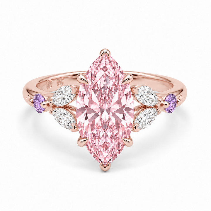 The Rapunzel with a pink lab-grown marquise diamond and amethyst accents in 14K rose gold