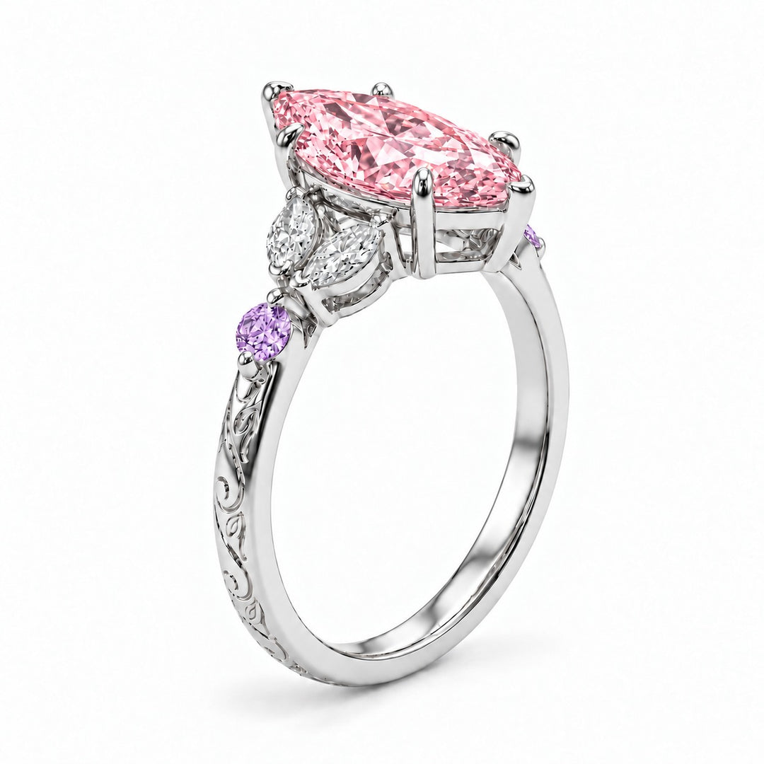 The Rapunzel with a pink lab-grown marquise diamond and amethyst accents in 14K white gold, three-quarter view