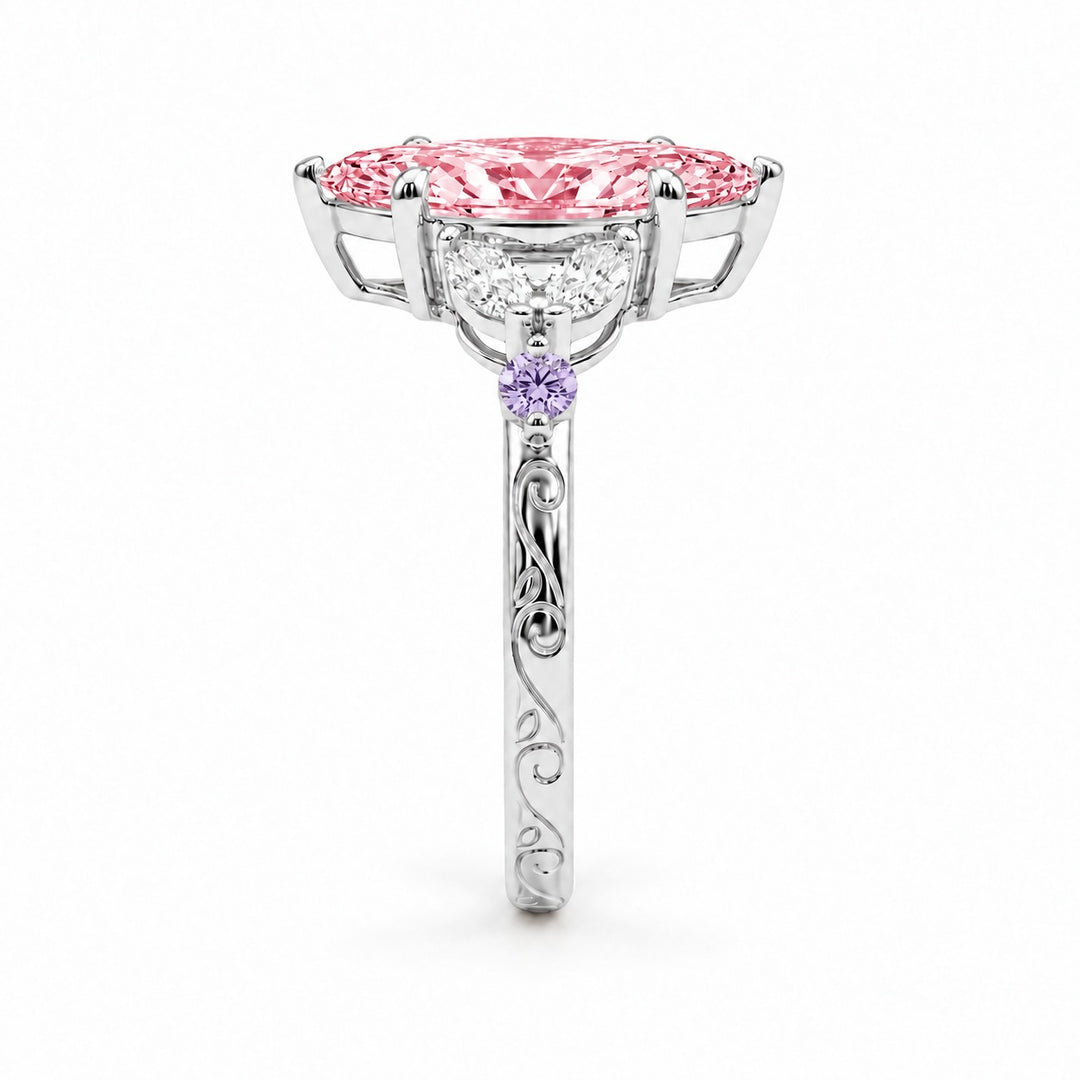 The Rapunzel with a pink lab-grown marquise diamond and amethyst accents in 14K white gold, side profile