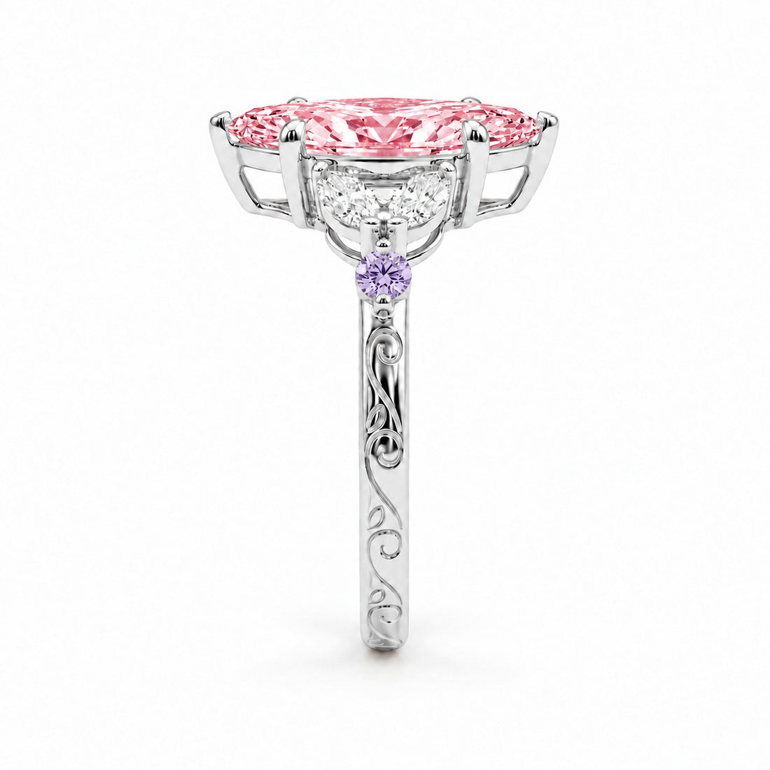 The Rapunzel with a pink lab-grown marquise diamond and amethyst accents in 14K white gold, side profile