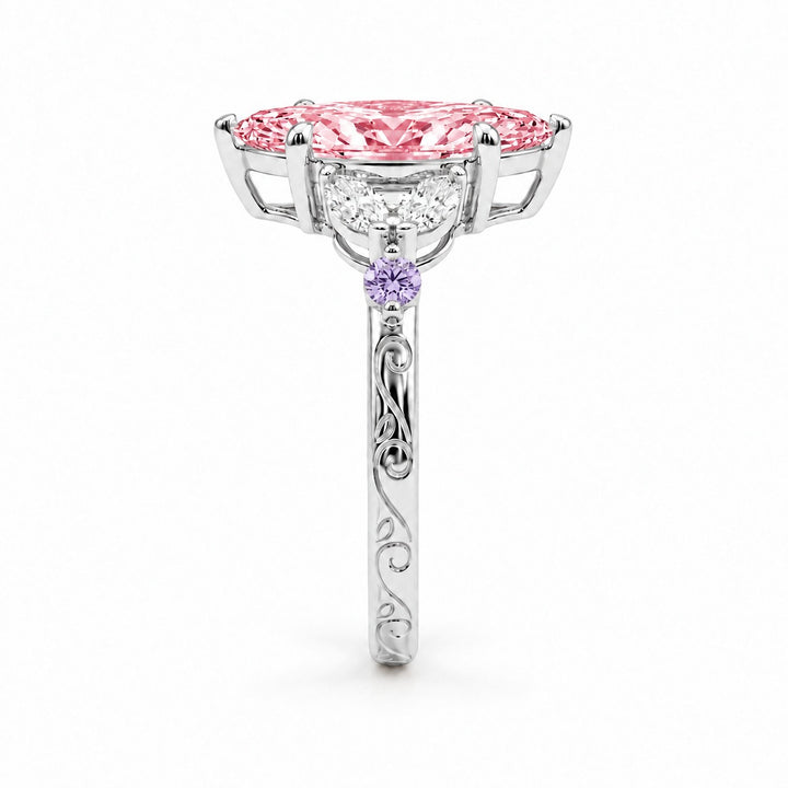 The Rapunzel with a pink lab-grown marquise diamond and amethyst accents in 14K white gold, side profile