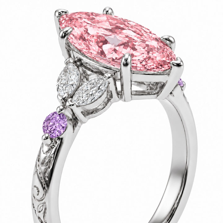 The Rapunzel with a pink lab-grown marquise diamond and amethyst accents in 14K white gold, setting detail