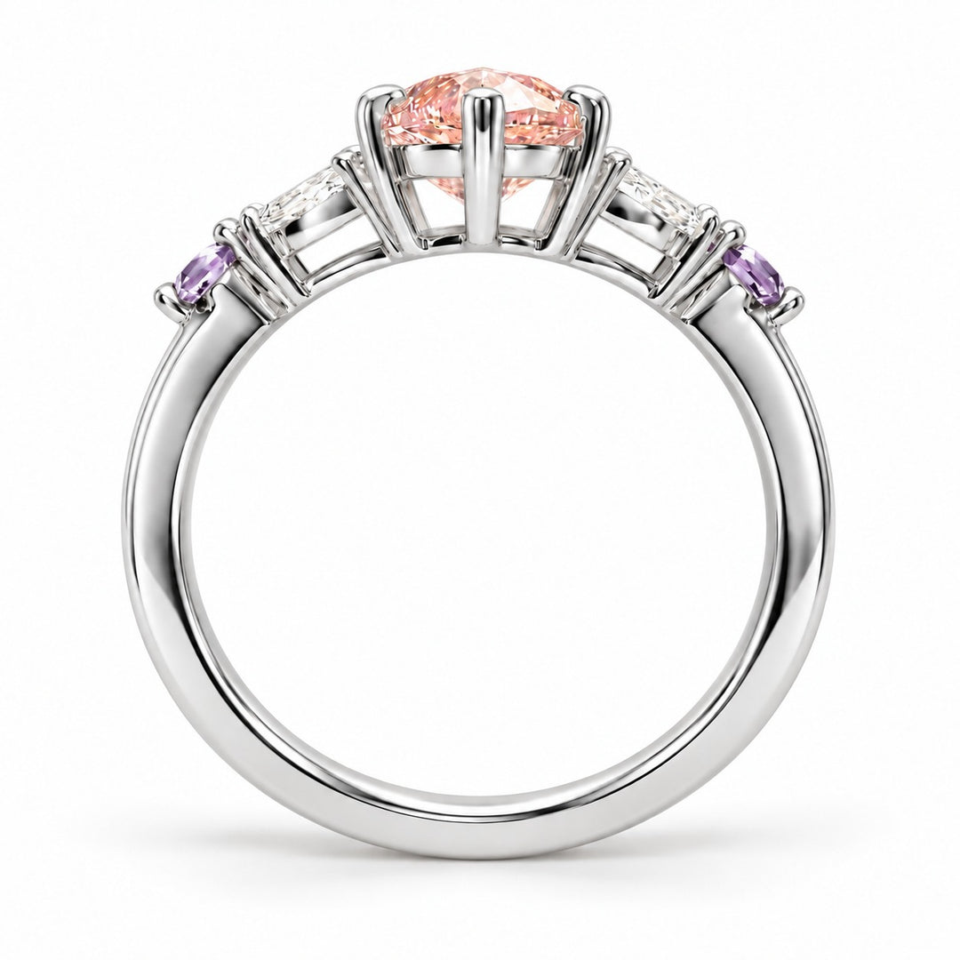 The Rapunzel with a pink lab-grown marquise diamond and amethyst accents in 14K white gold, back view