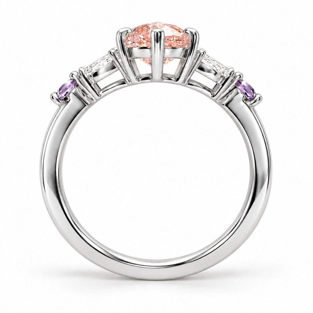 The Rapunzel with a pink lab-grown marquise diamond and amethyst accents in 14K white gold, back view