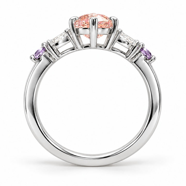 The Rapunzel with a pink lab-grown marquise diamond and amethyst accents in 14K white gold, back view