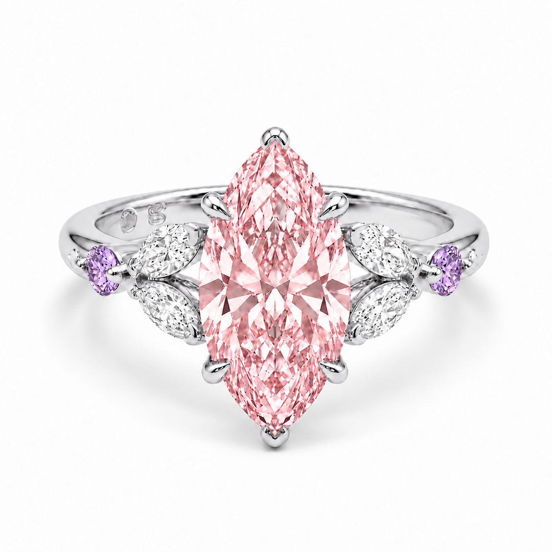 The Rapunzel with a pink lab-grown marquise diamond and amethyst accents in 14K white gold