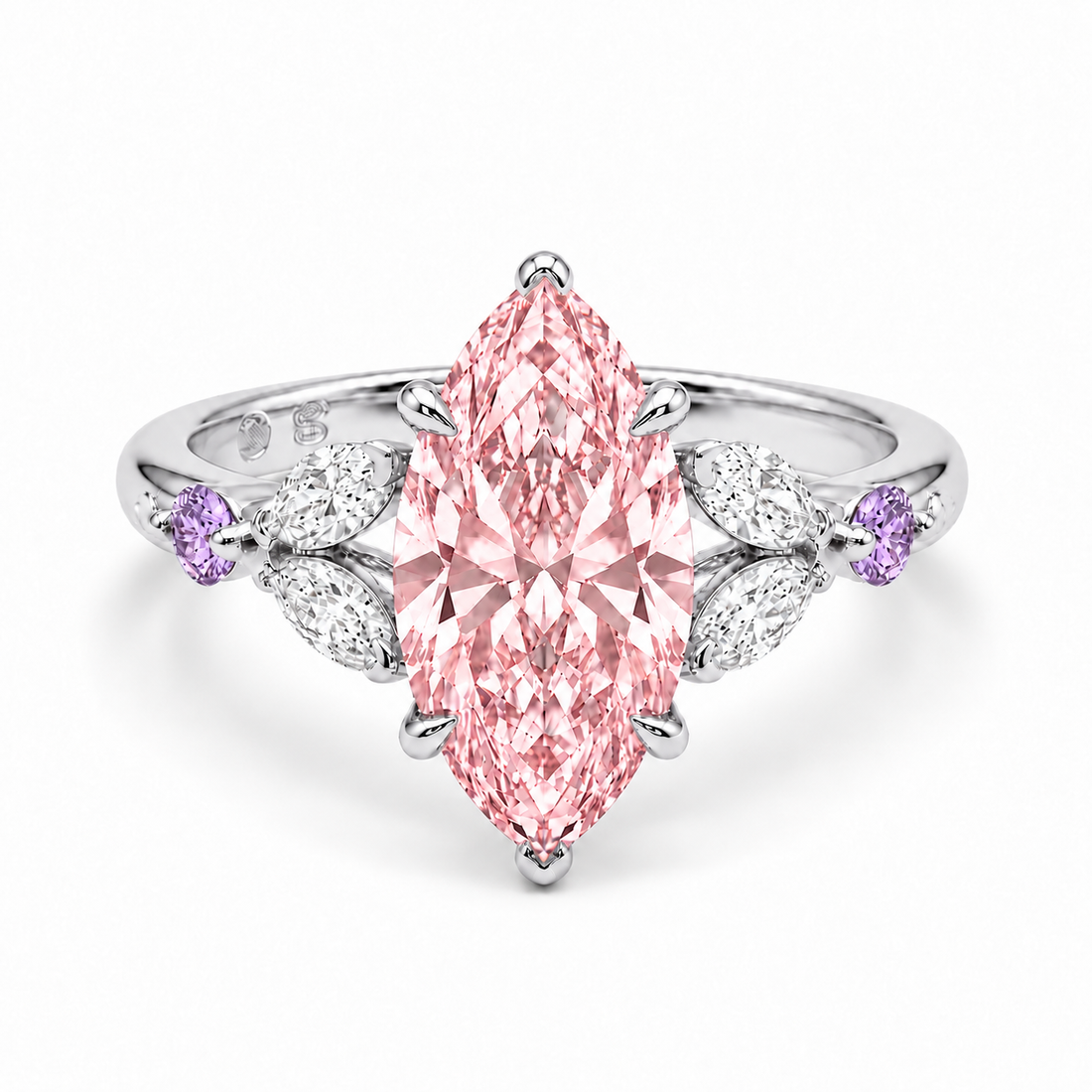The Rapunzel with a pink lab-grown marquise diamond and amethyst accents in 14K white gold