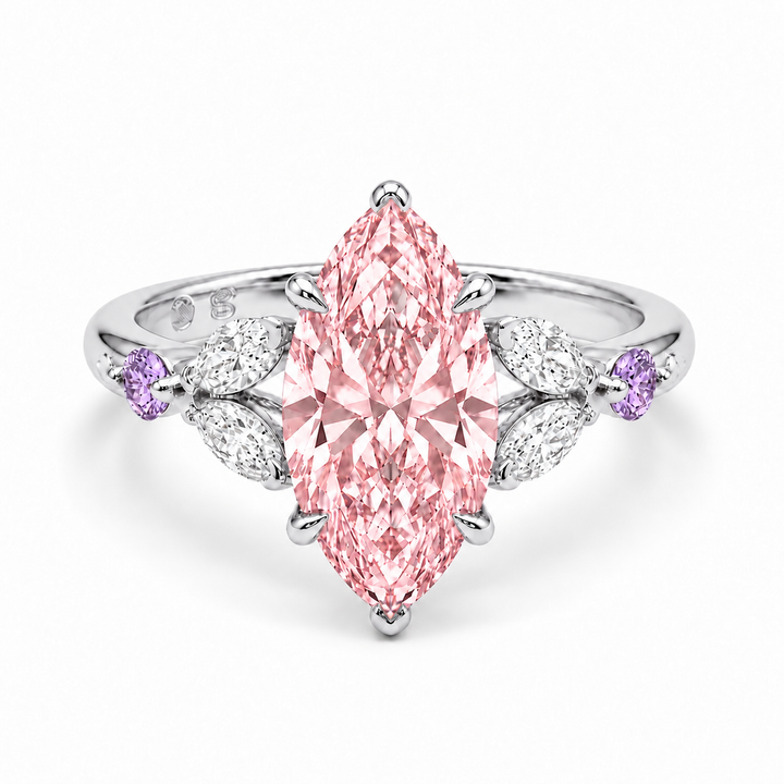 The Rapunzel with a pink lab-grown marquise diamond and amethyst accents in 14K white gold
