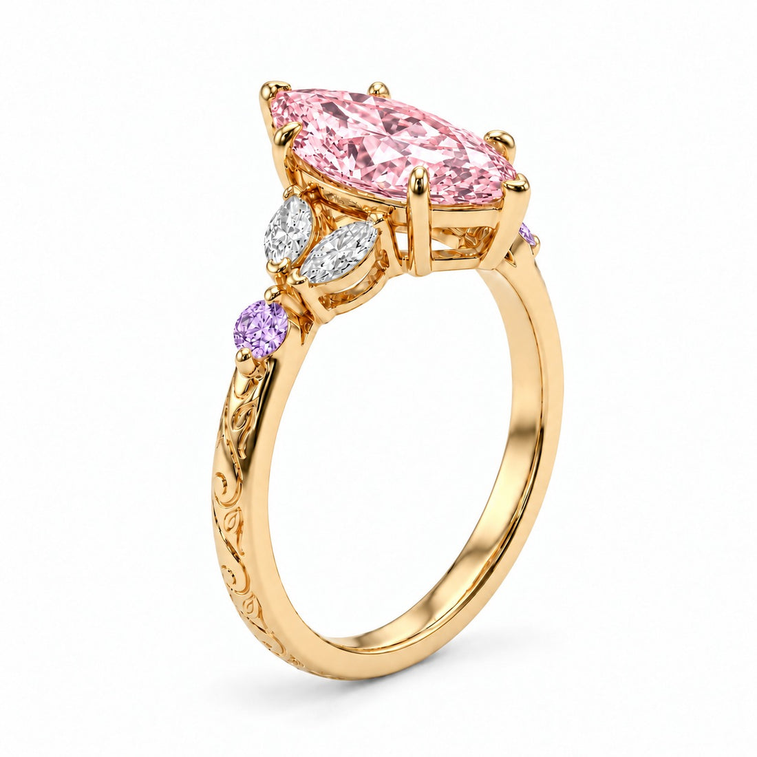 The Rapunzel with a pink lab-grown marquise diamond and amethyst accents in 14K yellow gold, three-quarter view