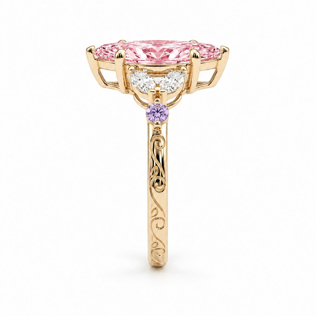 The Rapunzel with a pink lab-grown marquise diamond and amethyst accents in 14K yellow gold, side profile