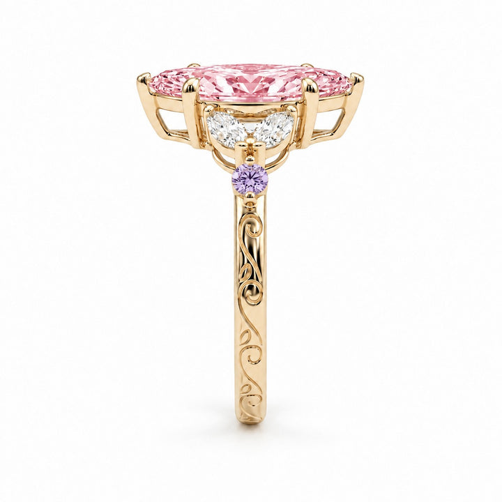 The Rapunzel with a pink lab-grown marquise diamond and amethyst accents in 14K yellow gold, side profile