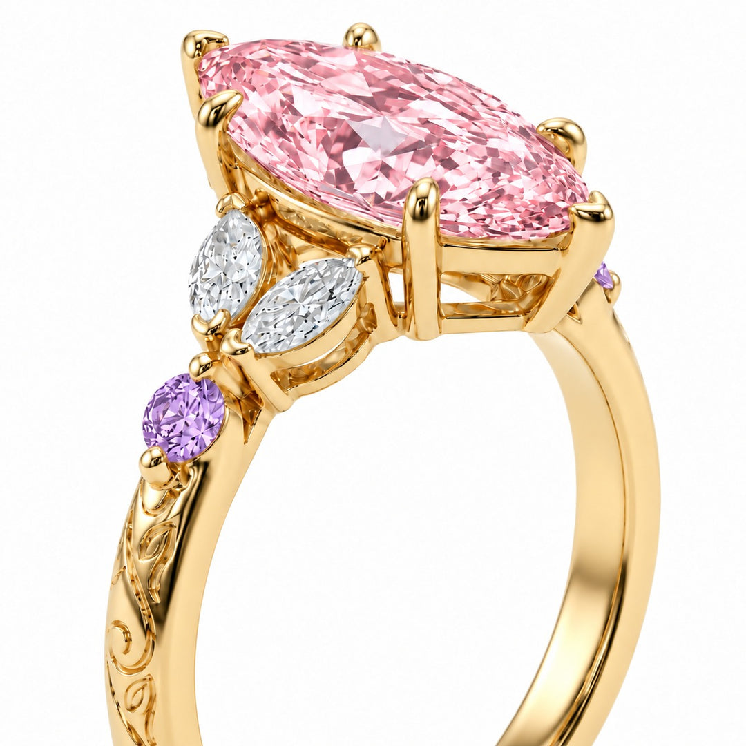 The Rapunzel with a pink lab-grown marquise diamond and amethyst accents in 14K yellow gold, setting detail