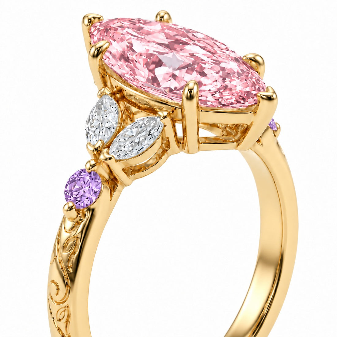 The Rapunzel with a pink lab-grown marquise diamond and amethyst accents in 14K yellow gold, setting detail